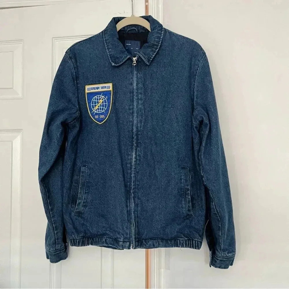 Zara Man Denim Jacket Zip Closure Lined Size Medium With Chest Patch